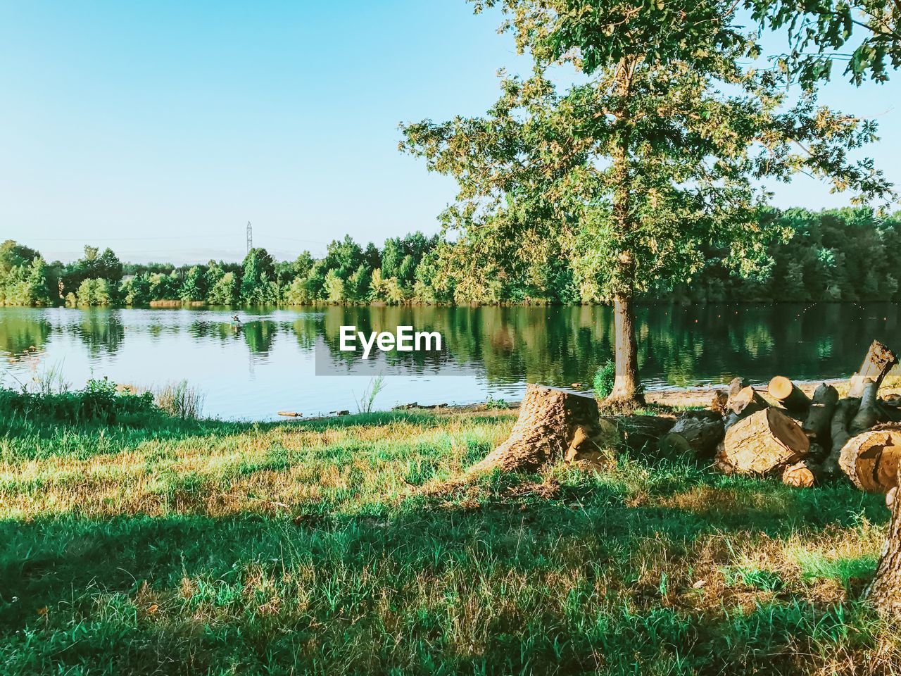 Scenic view of lake against clear sky