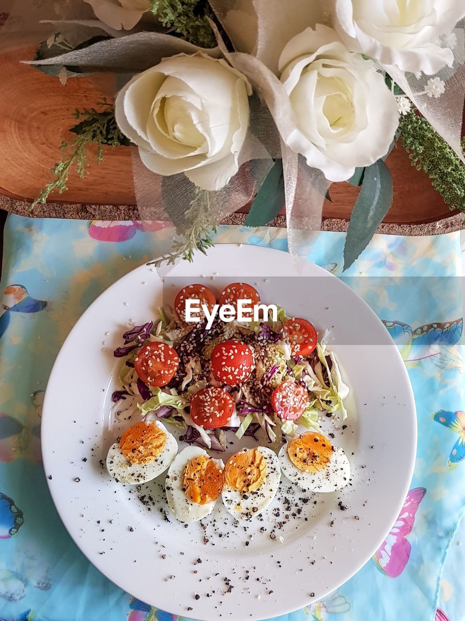 High angle view of breakfast served on table