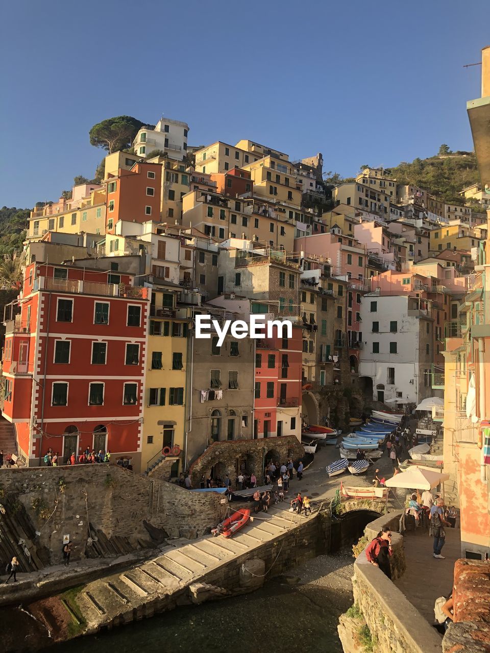 High angle view of buildings in city against clear sky