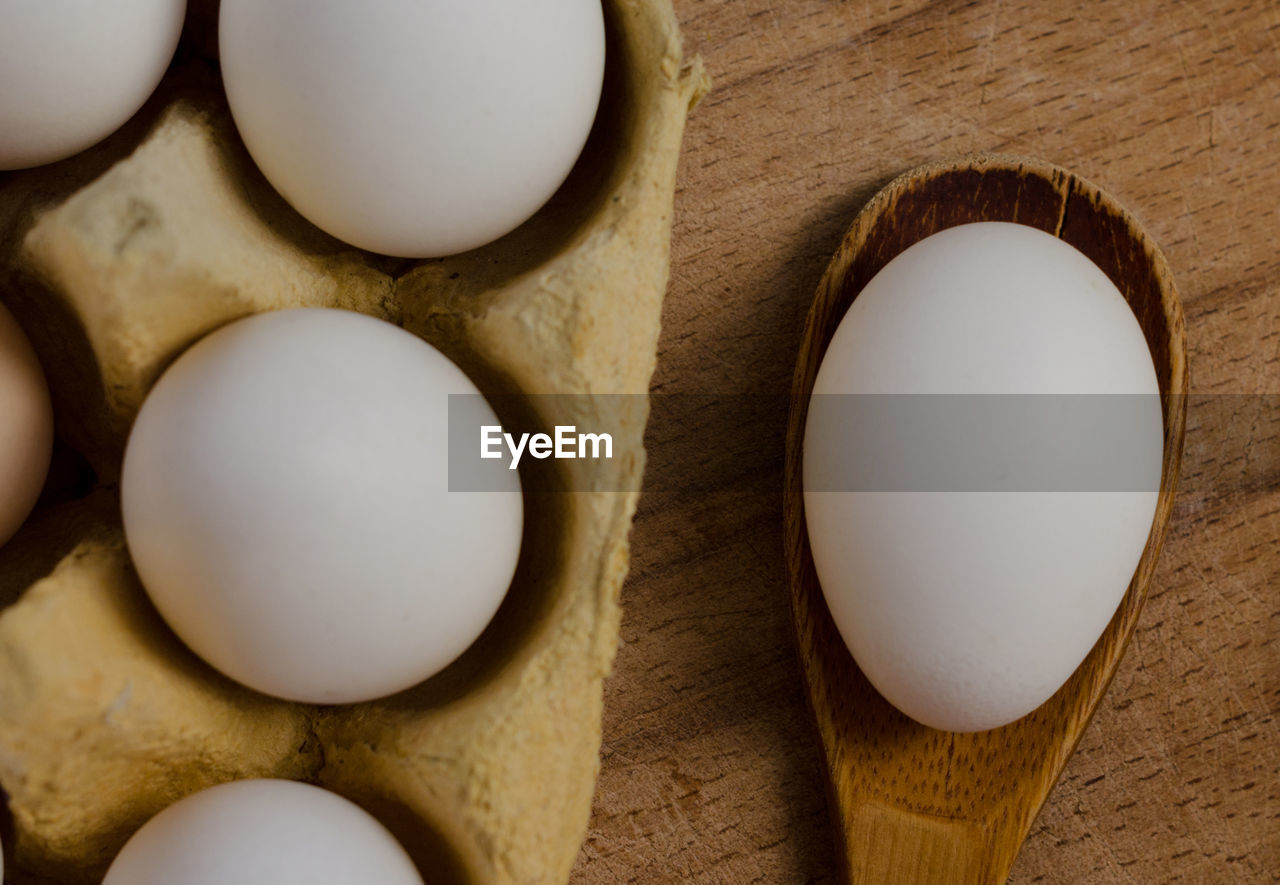 HIGH ANGLE VIEW OF EGGS IN CONTAINER