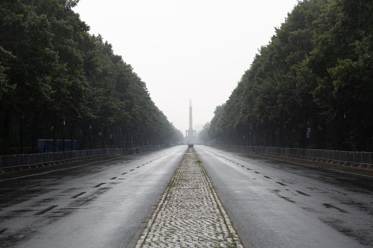 tree, road, transportation, plant, lane, diminishing perspective, the way forward, nature, sky, vanishing point, no people, architecture, transport, city, infrastructure, highway, day, travel, track, travel destinations, outdoors, street, built structure, morning, road surface, clear sky