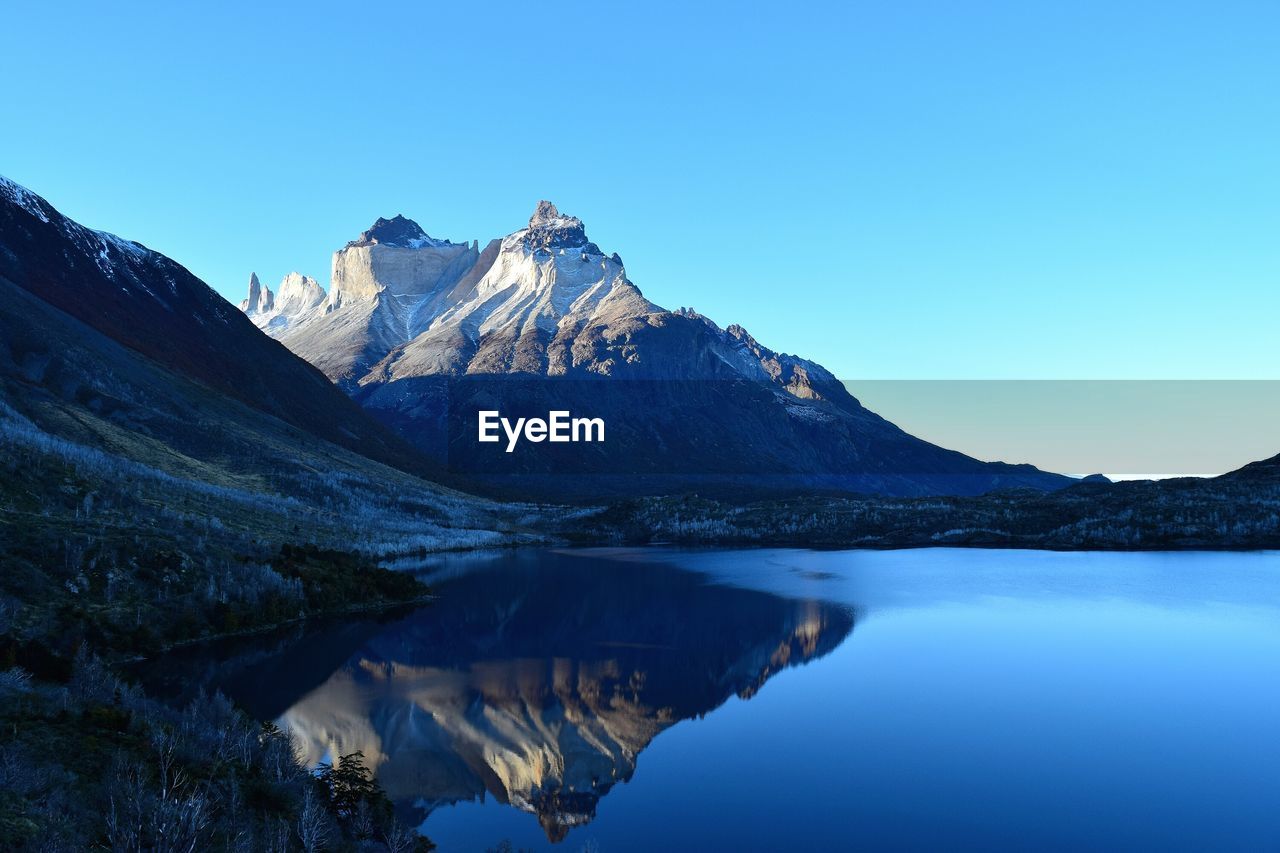 Scenic view of mountain and lake against clear sky