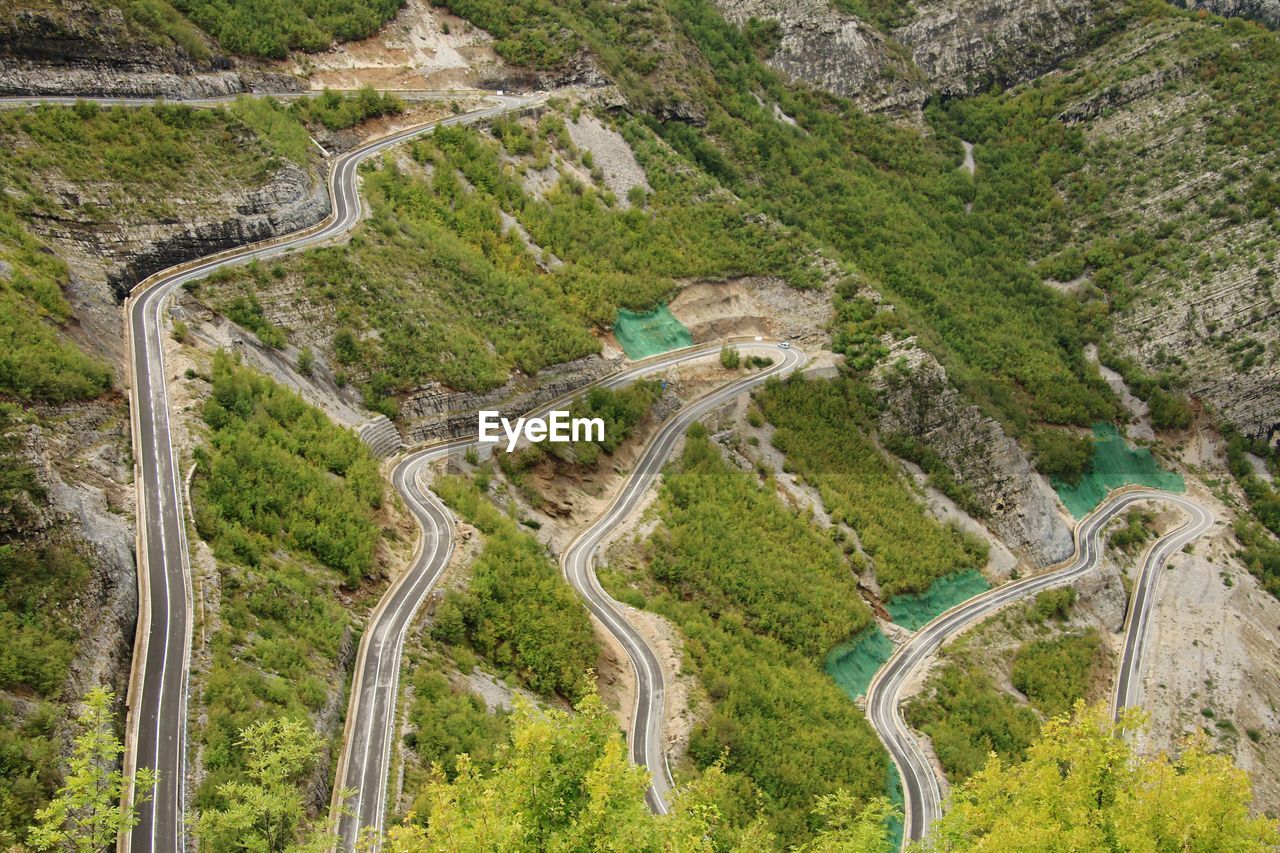 High angle view of landscape and mountain road in albania