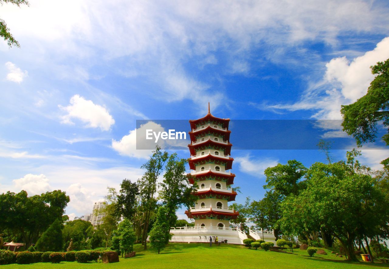 Low angle view of temple against cloudy sky
