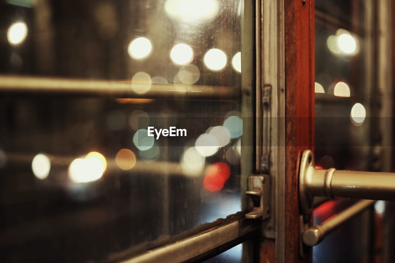 Close-up of window in tram