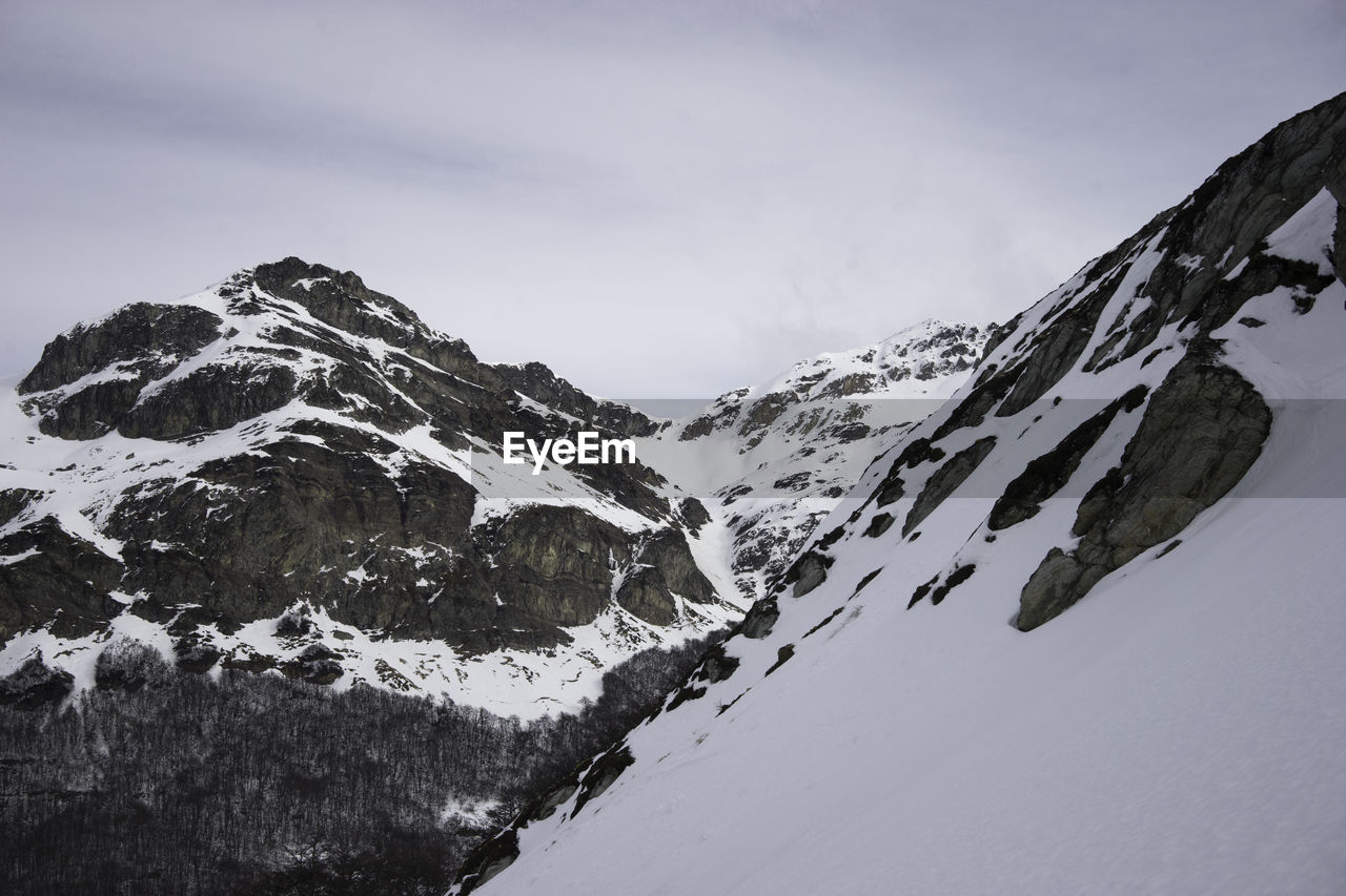 SNOW COVERED MOUNTAINS AGAINST SKY