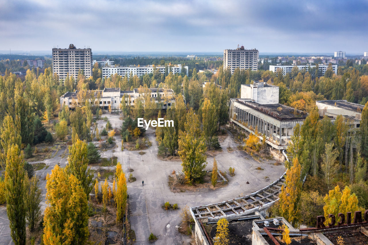 Ukraine, kyiv oblast, pripyat, aerial view of empty square of abandoned city