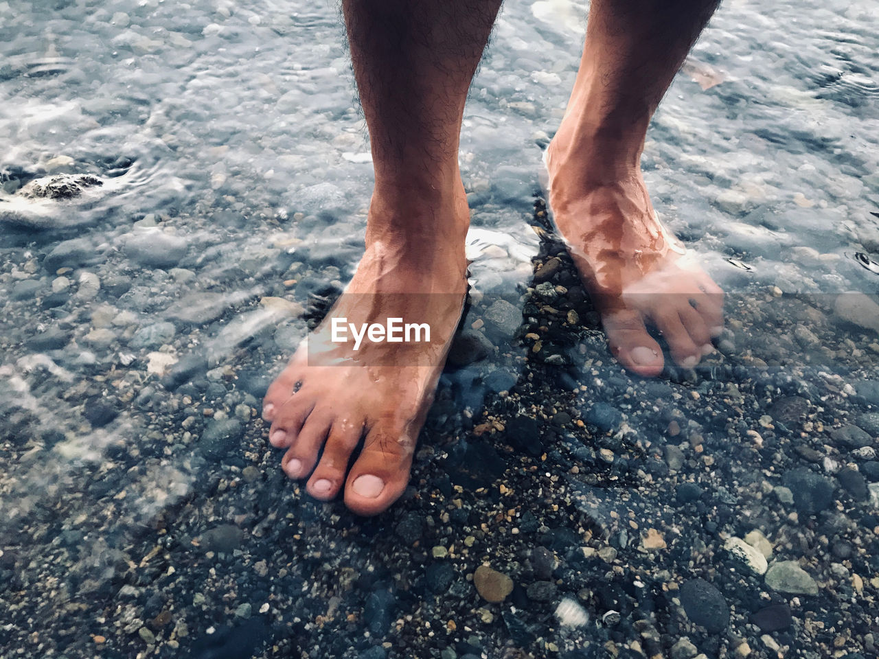 Low section of man standing in water