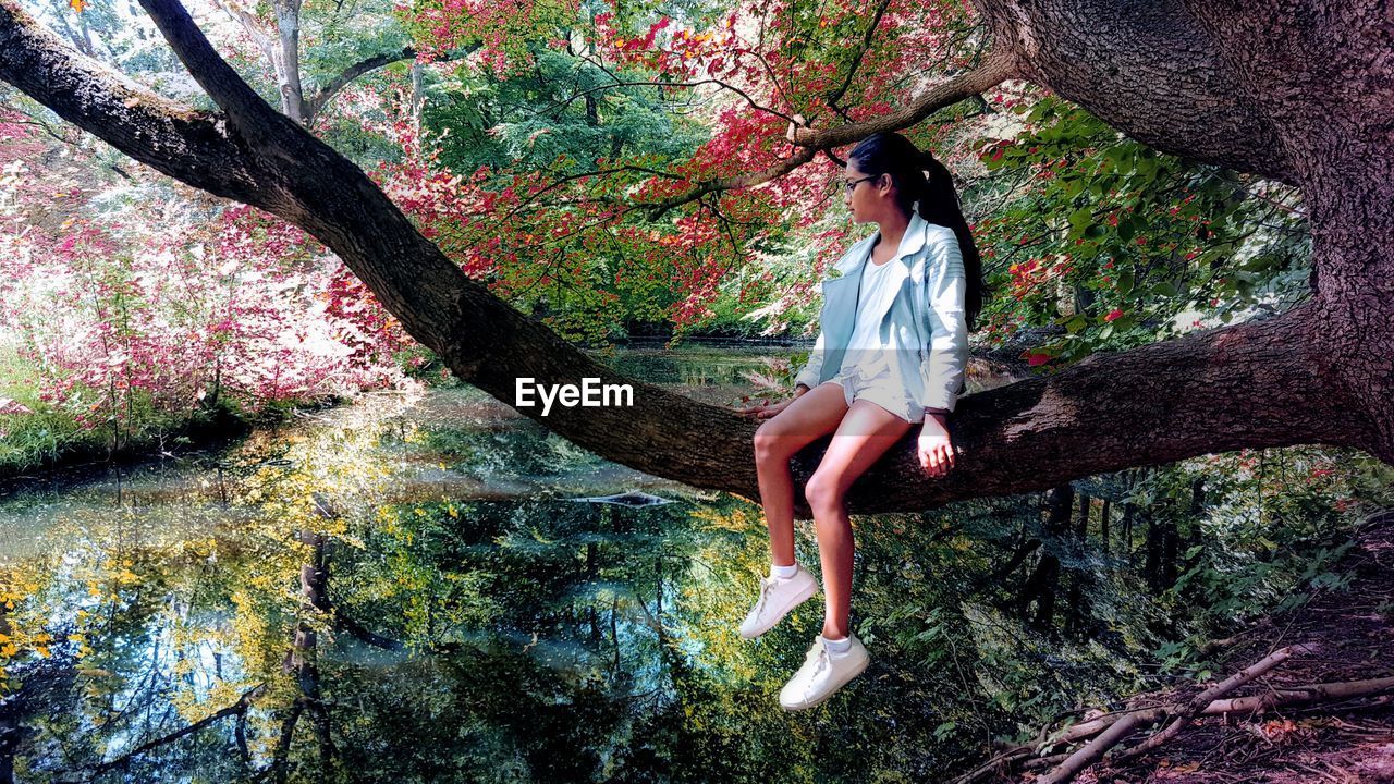 YOUNG WOMAN SITTING ON TREE TRUNK