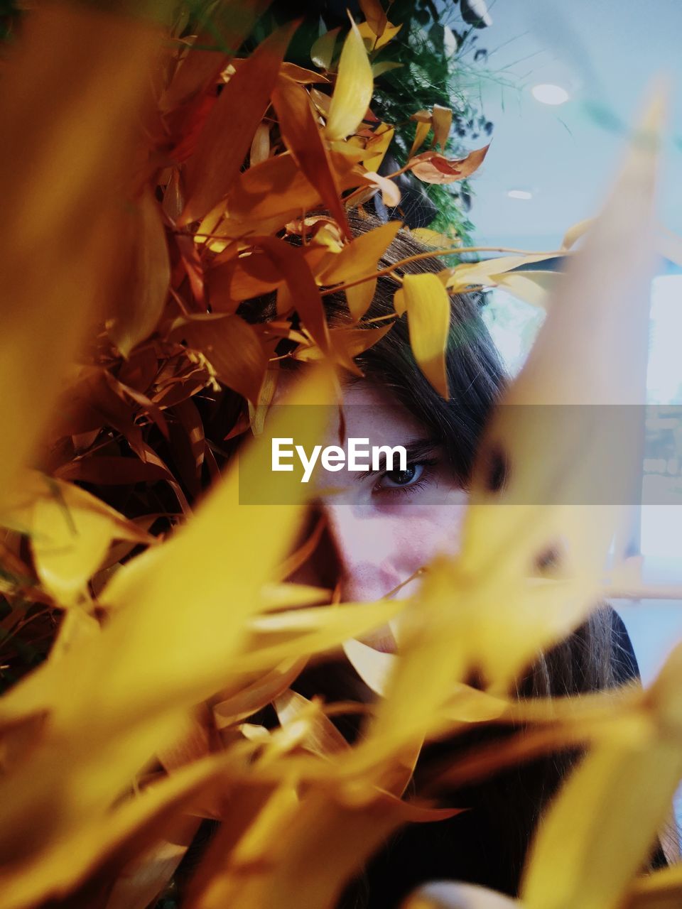 Portrait of cute girl seen through plant