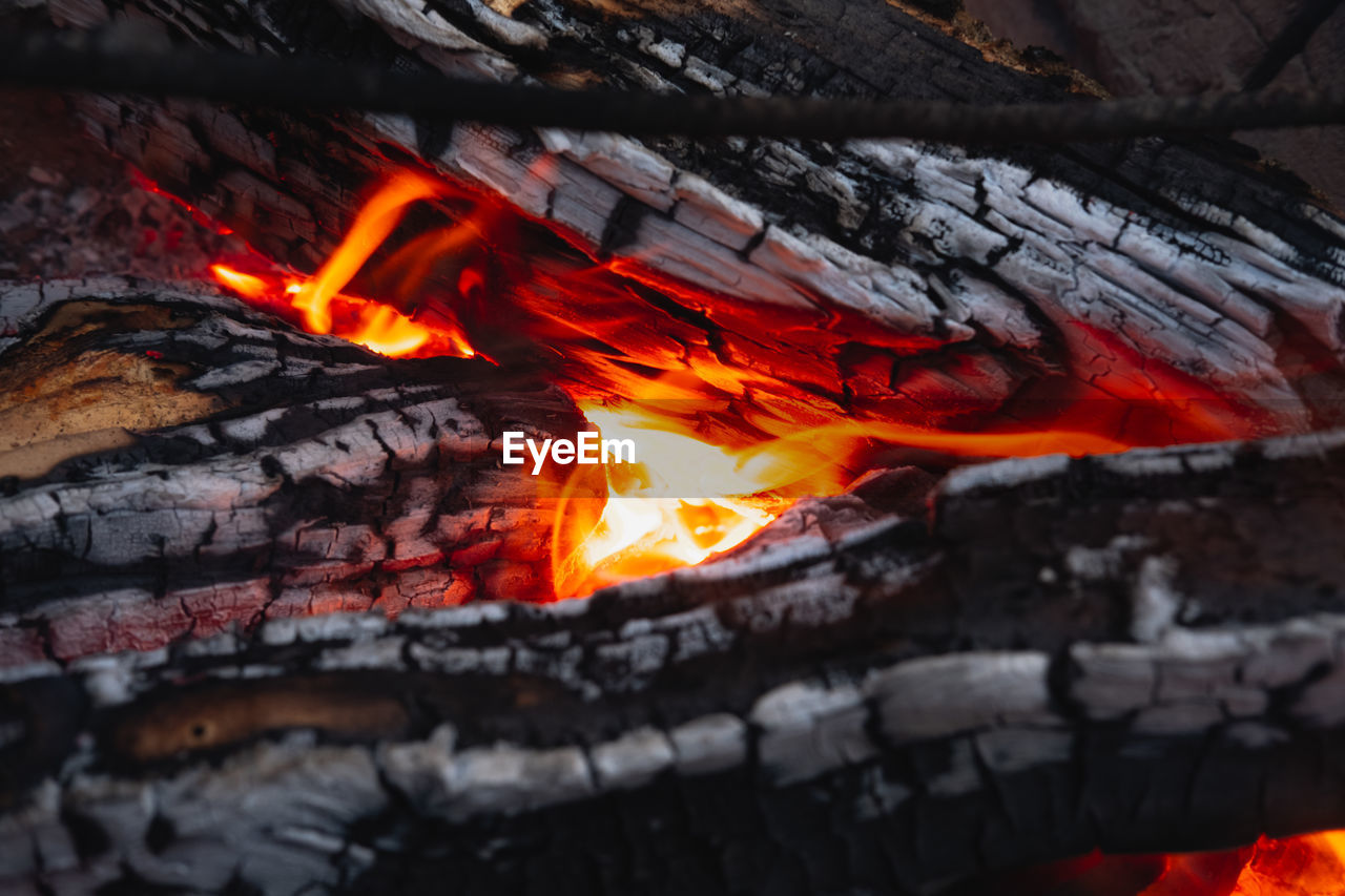 Close-up view of firewood burning. wood burns in flames, detailed shot, ashes, coal