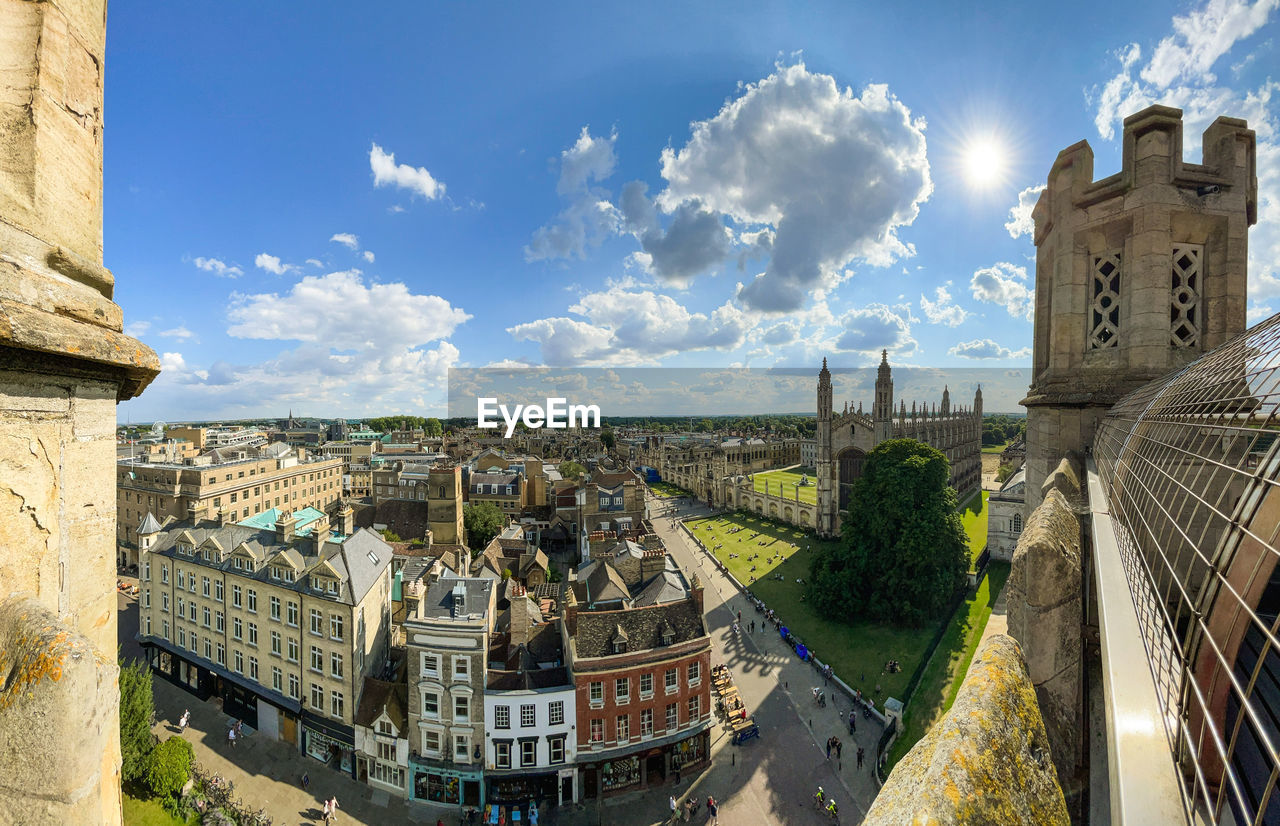 Panoramic view of cambridge city center and kings college chapel