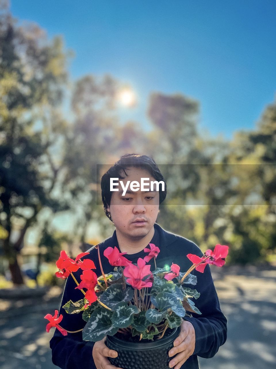 Portrait of young asian man holding red flowering cyclamen potted plant against trees and blue sky