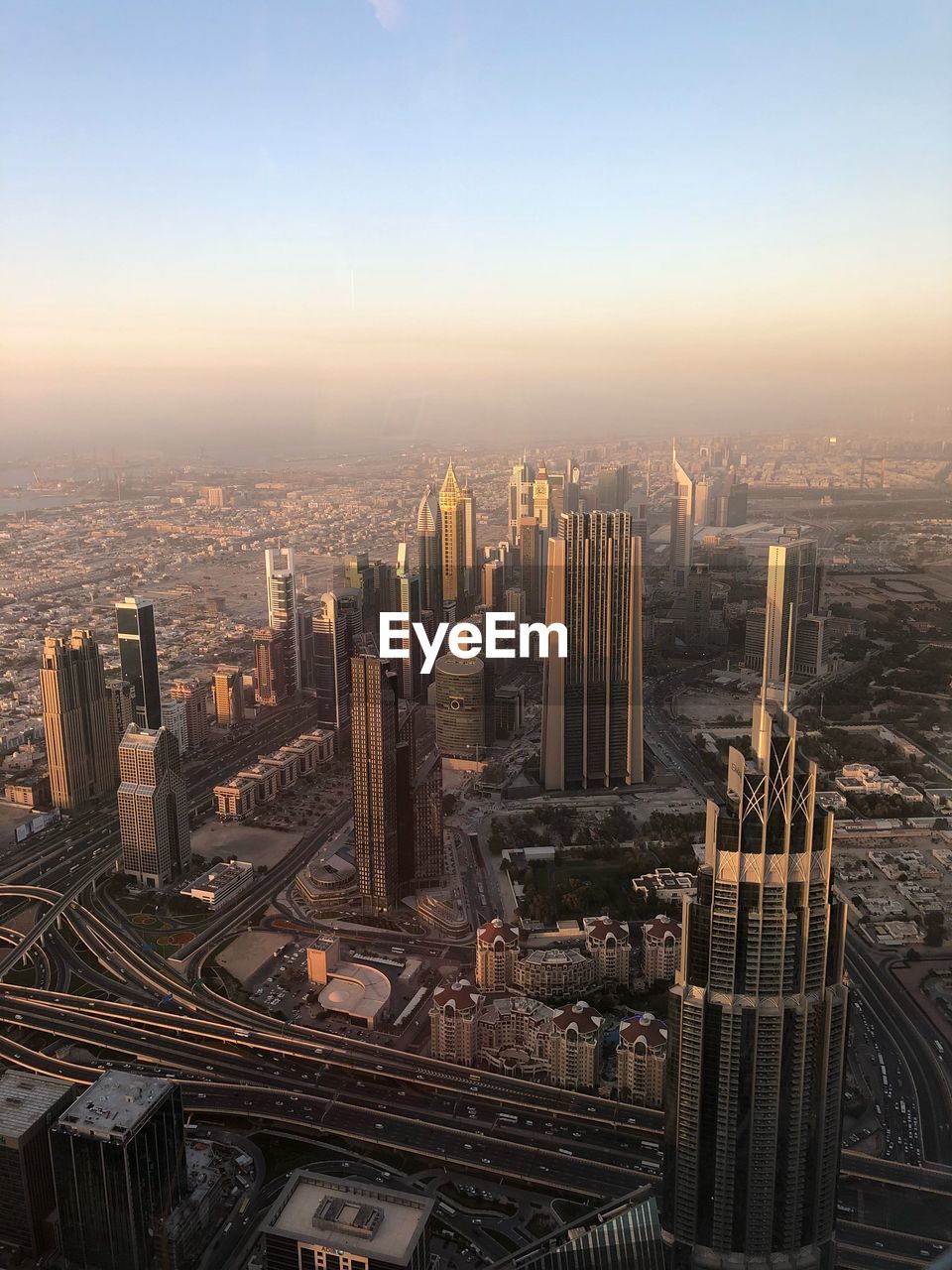 High angle view of cityscape at sunset