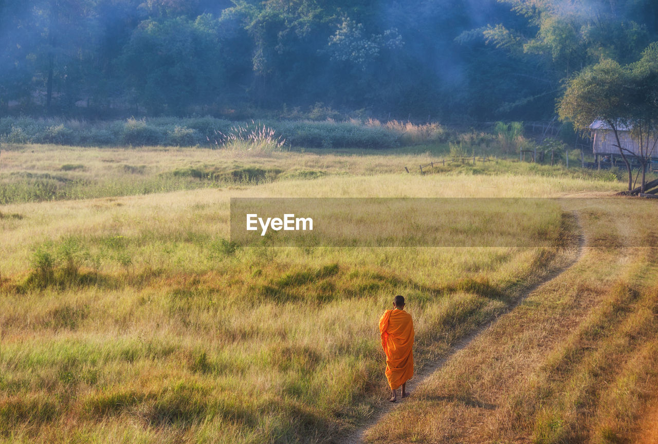 Rear view of a monk walking on landscape