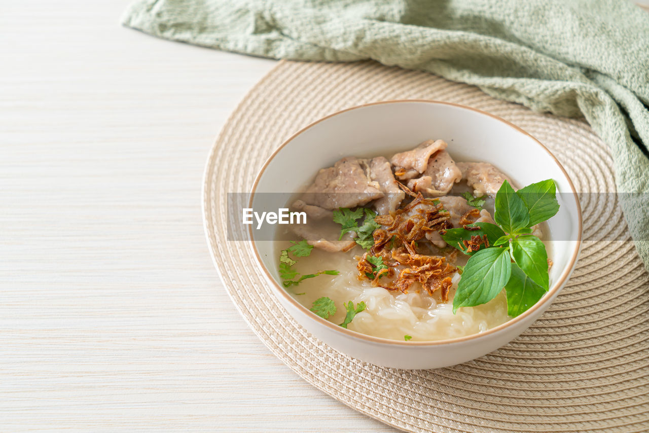 high angle view of soup in bowl on table