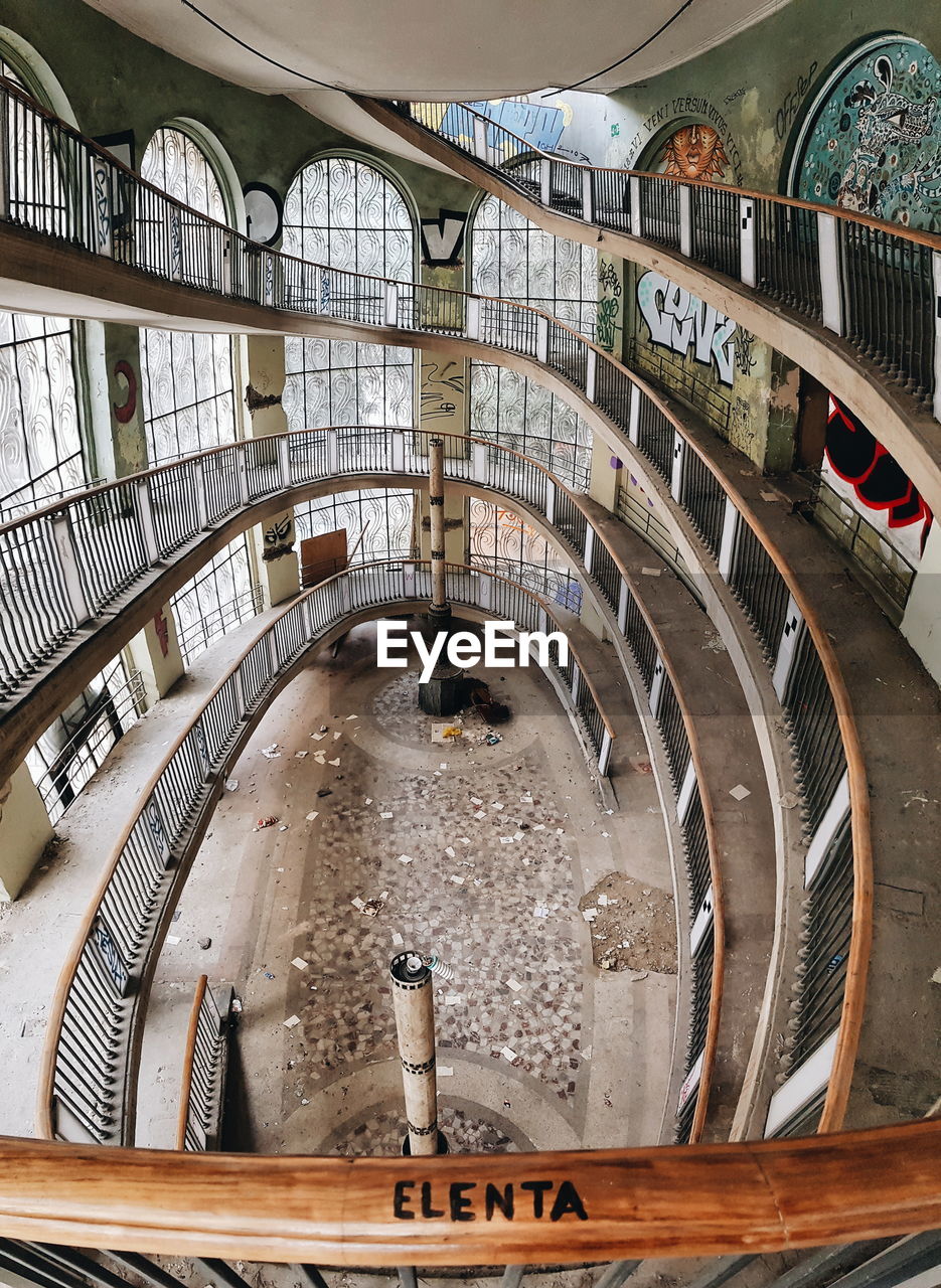 HIGH ANGLE VIEW OF SPIRAL STAIRCASE AND BUILDING