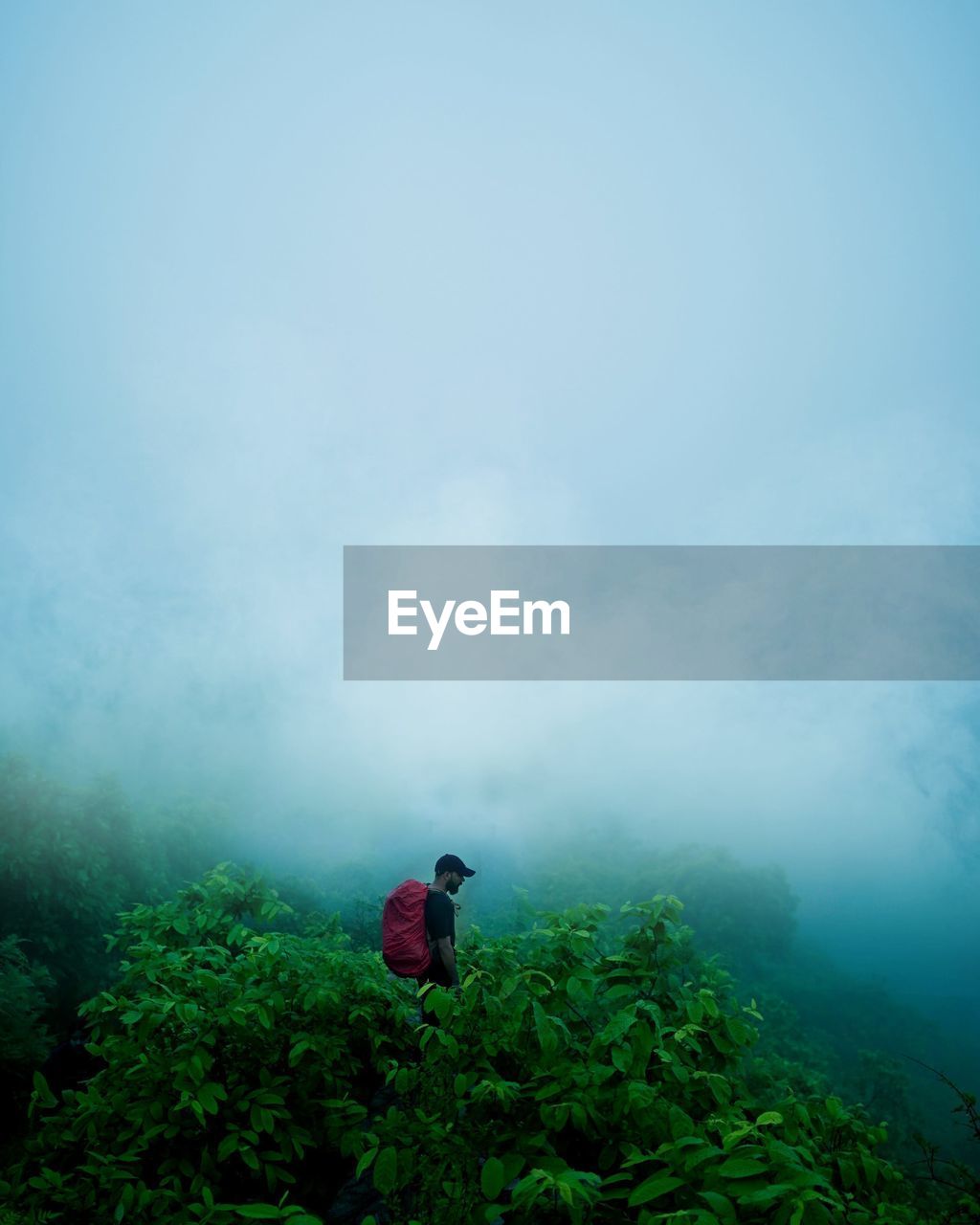 Rear view of man sitting on mountain against sky