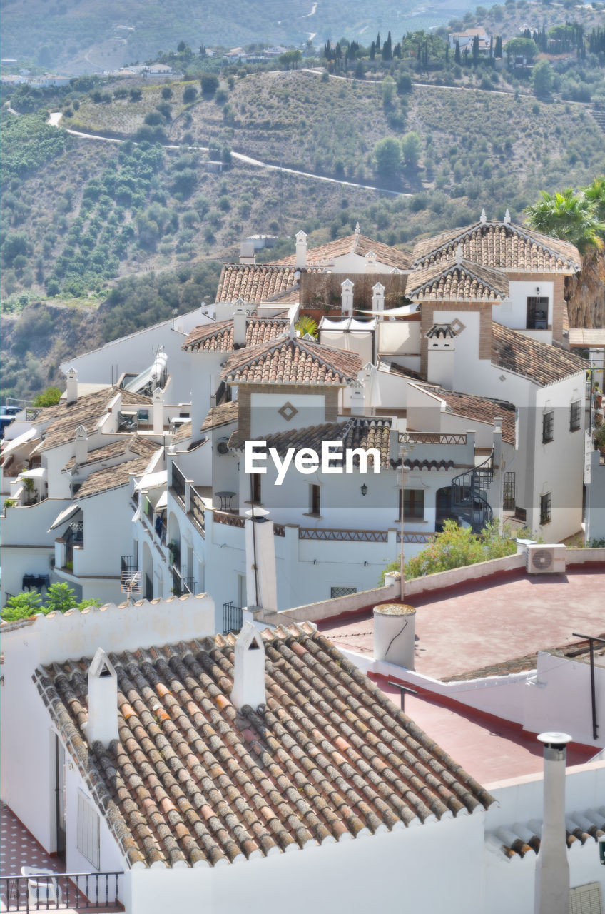 High angle view of white buildings in city