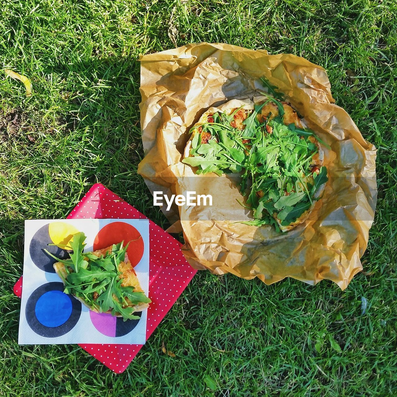 High angle view of food in container on field