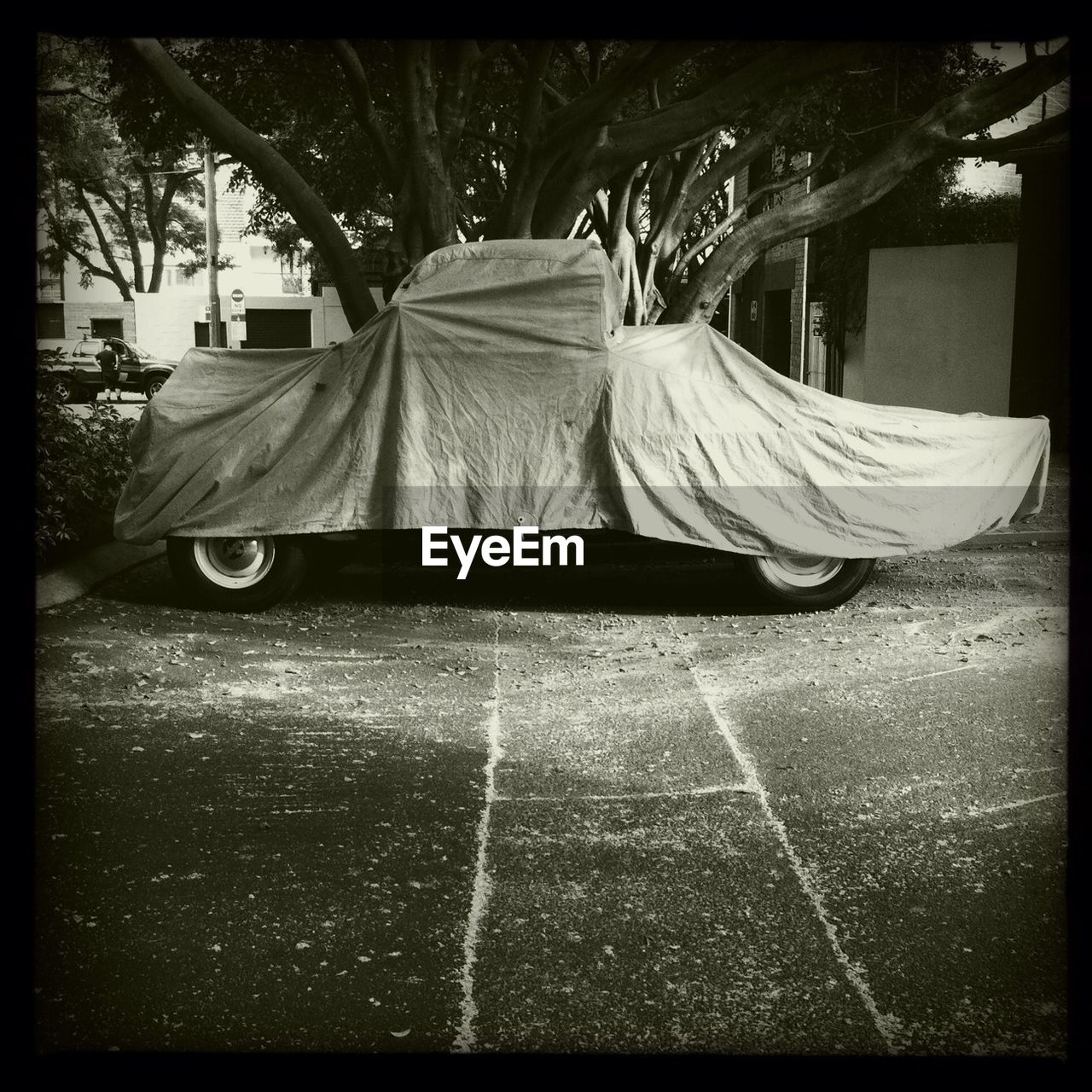 Car covered with sheet on street