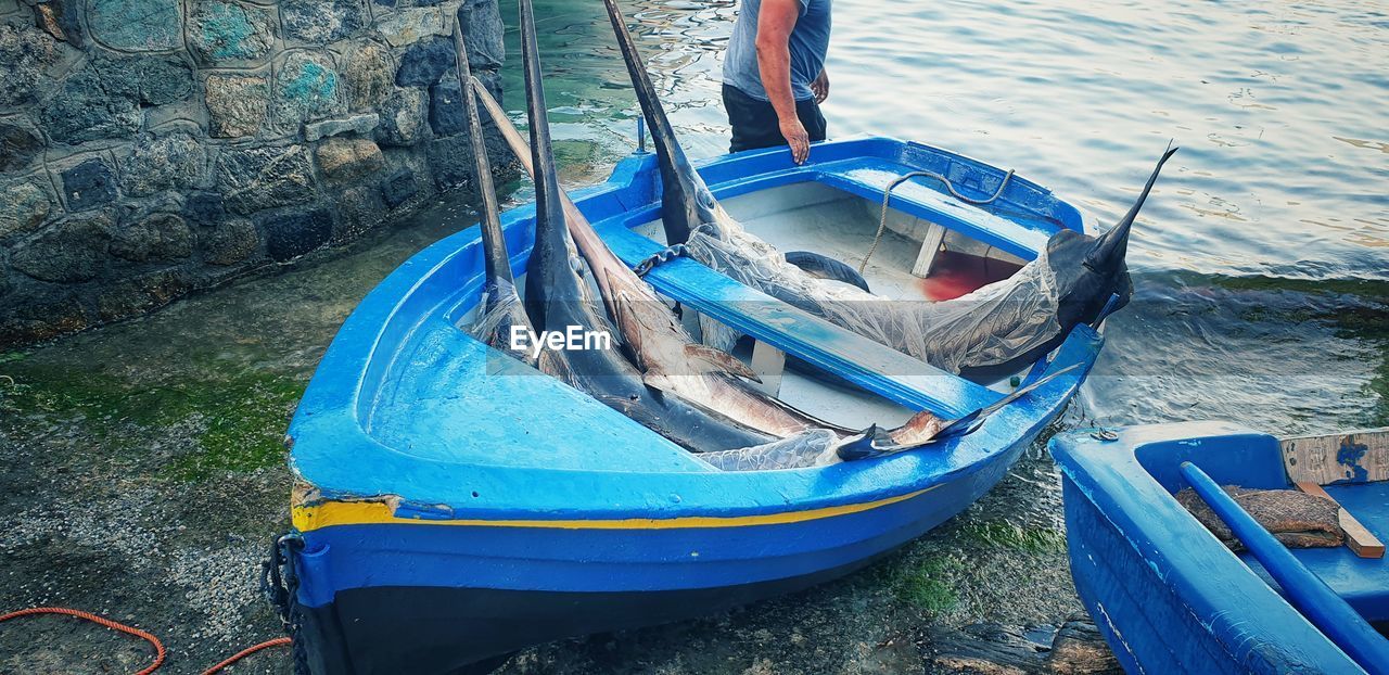 Fisherman's boat on the seashore with swordfish