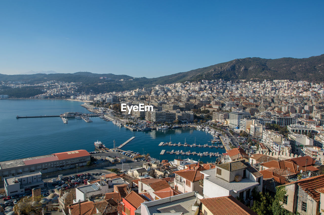 High angle view of city at seaside