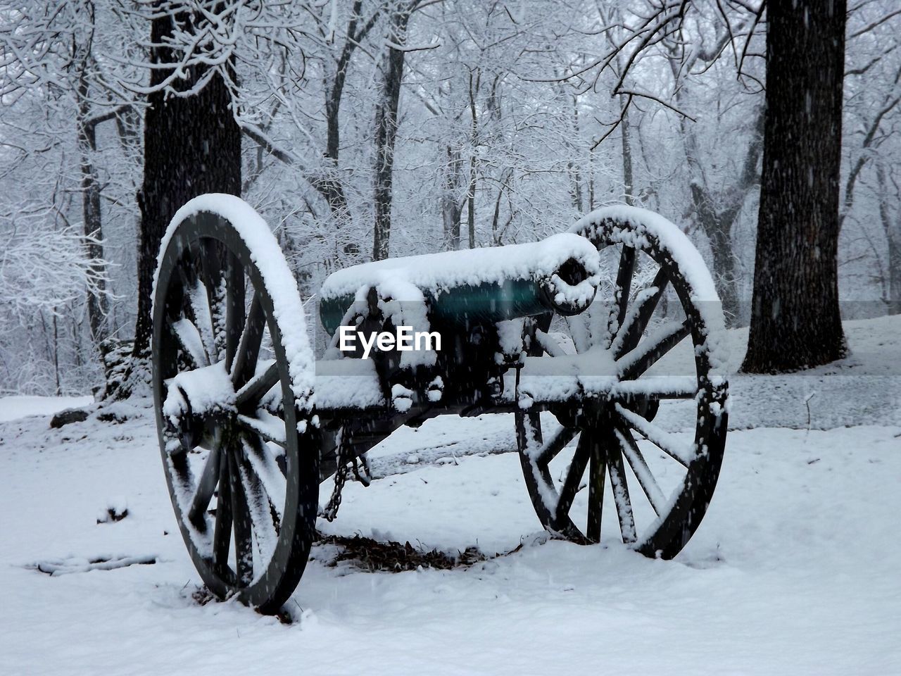 Snow covered cannon on field