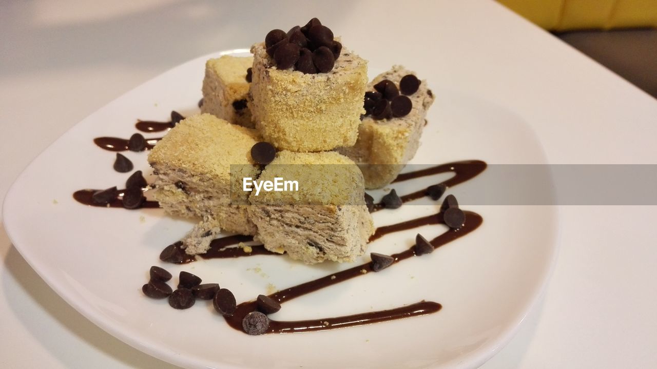 HIGH ANGLE VIEW OF CHOCOLATE CAKE ON PLATE