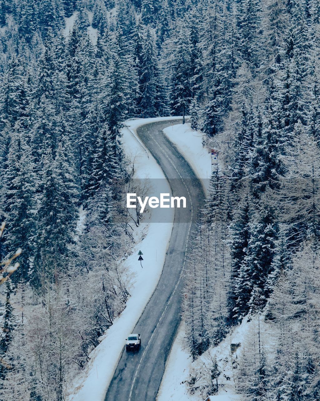 HIGH ANGLE VIEW OF SNOW COVERED ROAD AMIDST TREES