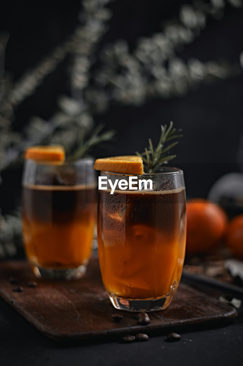 close-up of drink in glass on table