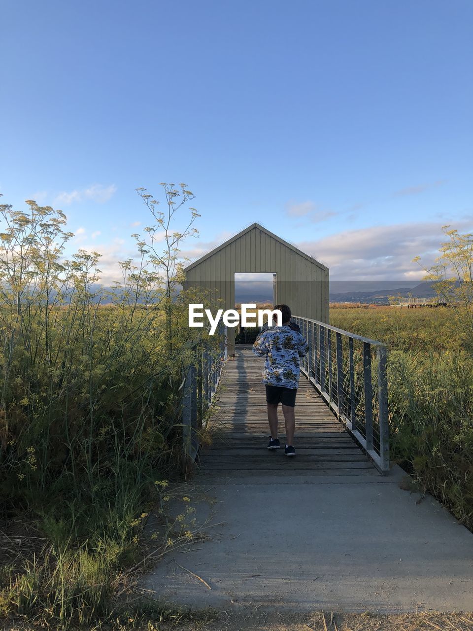 Rear view of teenage boy walking on footbridge