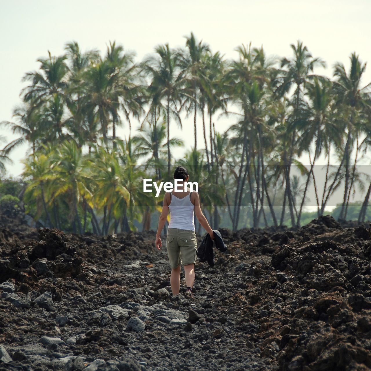 Rear view of woman walking on field against palm trees