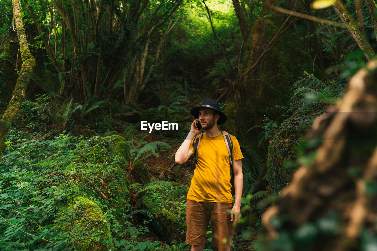 Caucasian man talking on the phone in the middle of the jungle on a sunny day.