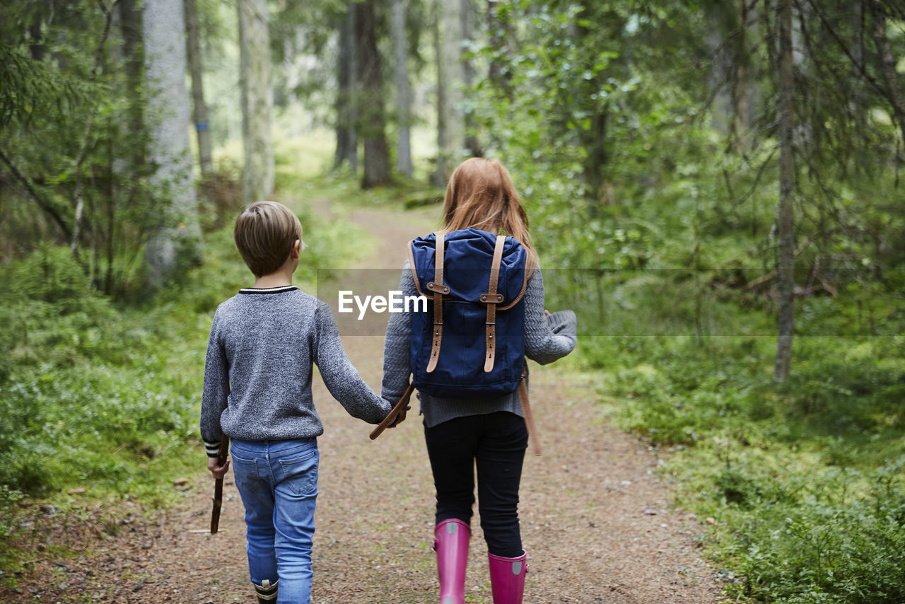 Girl and boy walking in forest