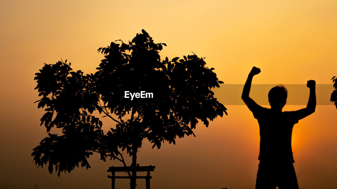 SILHOUETTE PERSON STANDING BY TREE AGAINST ORANGE SKY