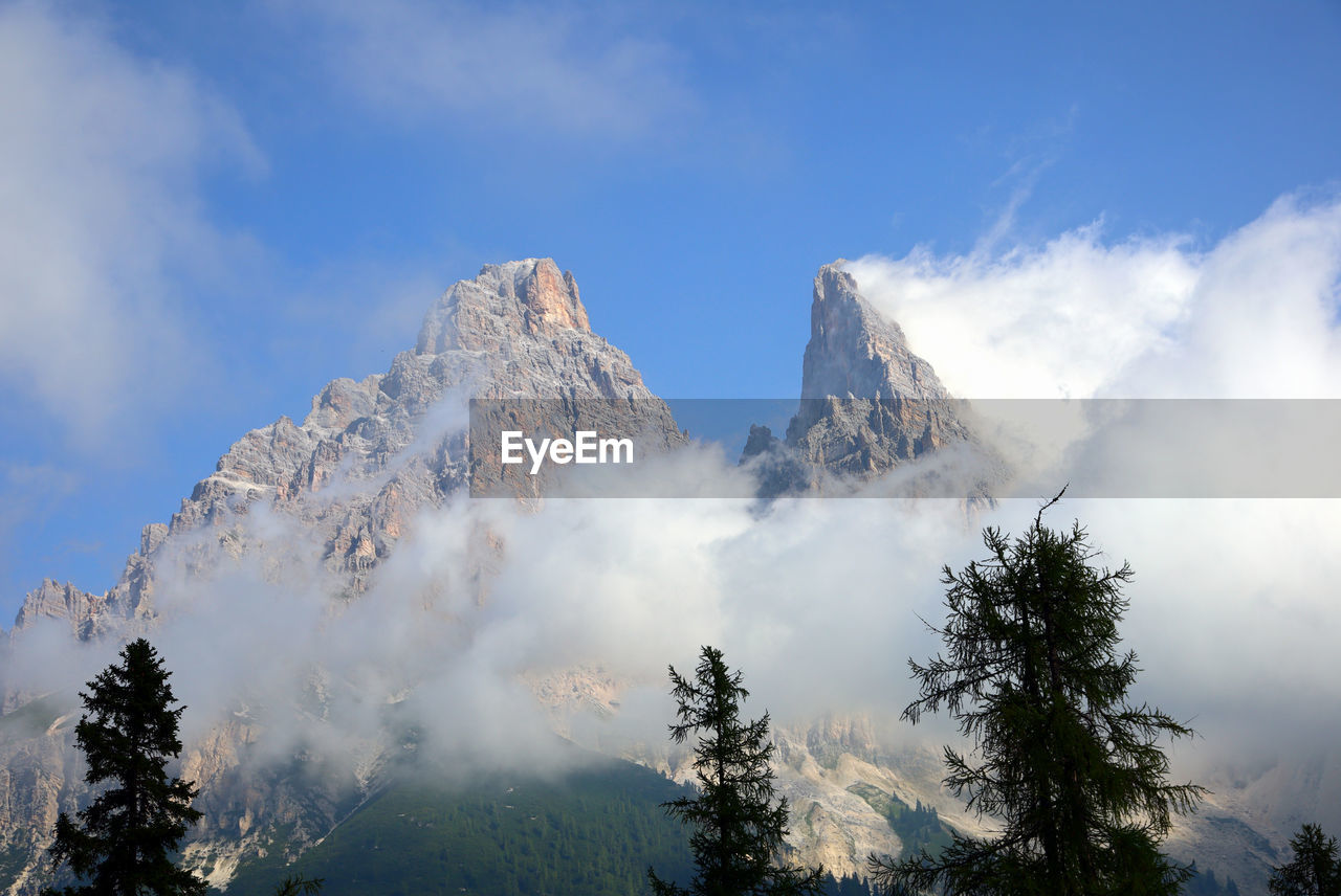 Low angle view of snowcapped mountains against sky