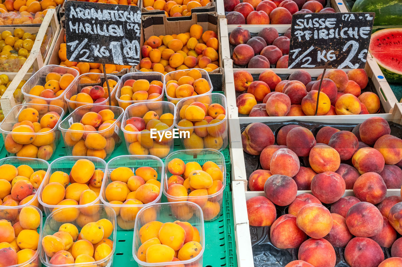 Apricots and peaches for sale at a market