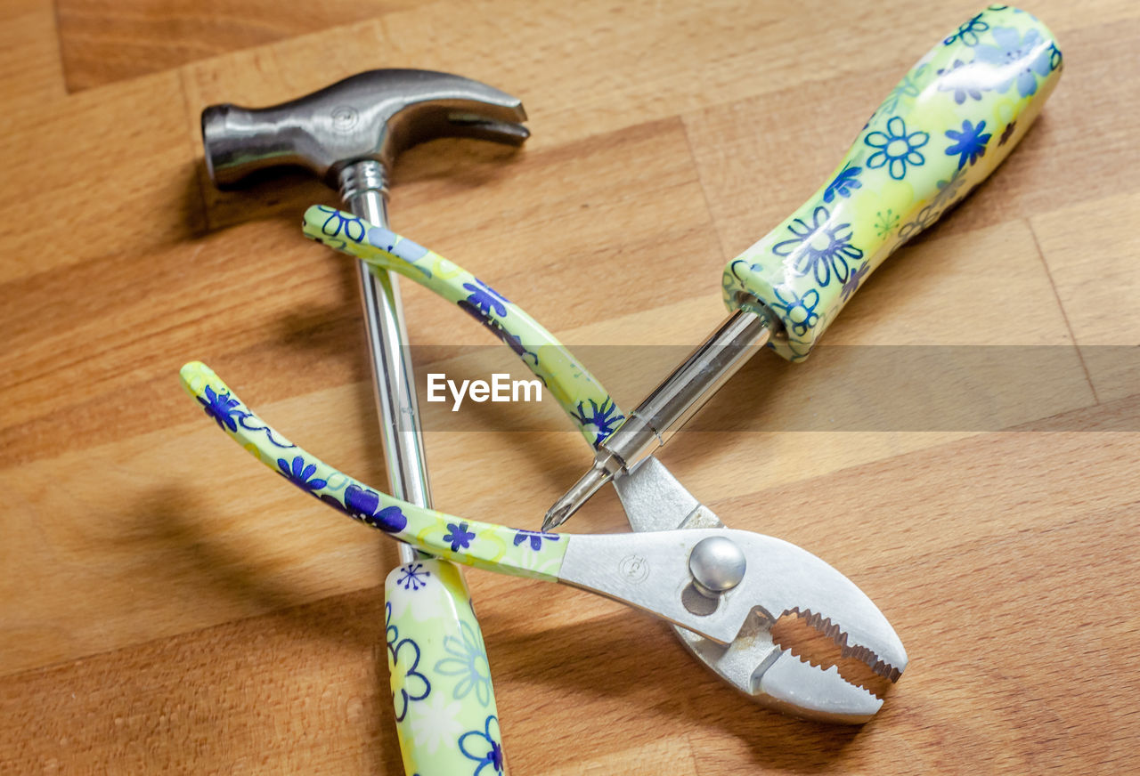 High angle view of work tools on table