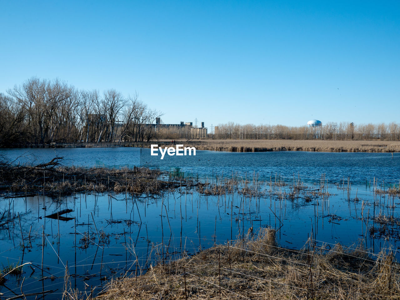 Scenic view of lake against clear blue sky