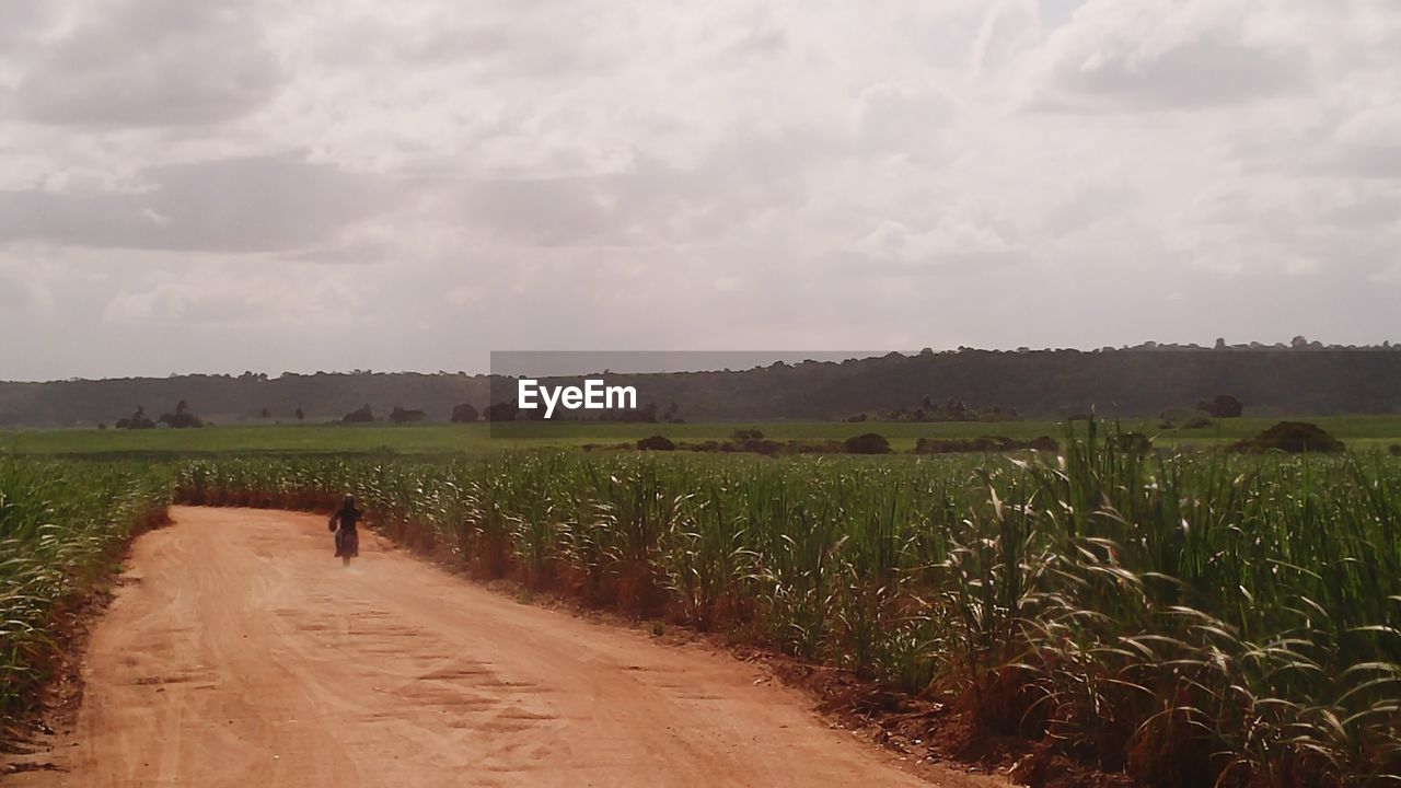 ROAD PASSING THROUGH FIELD AGAINST CLOUDY SKY