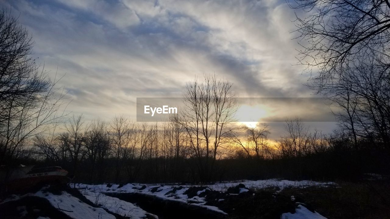 BARE TREES ON SNOW COVERED LAND AGAINST SKY