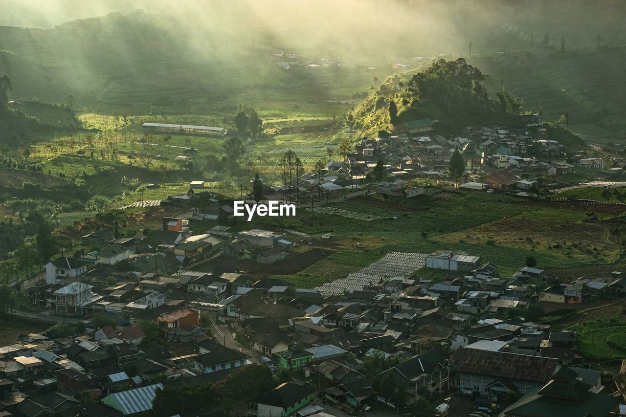 HIGH ANGLE VIEW OF TOWNSCAPE ON FIELD BY HOUSES