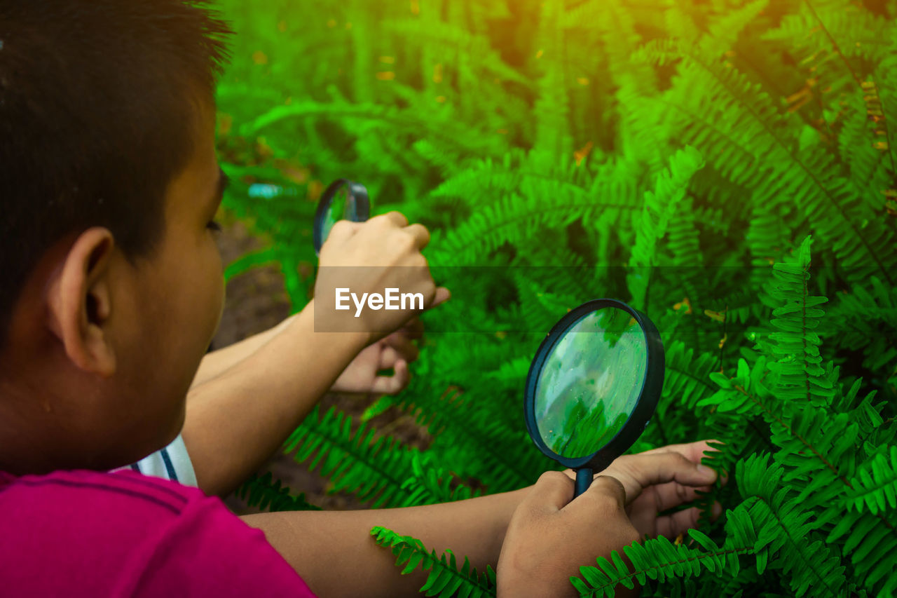 Close-up of boy holding magnifying glass over fern