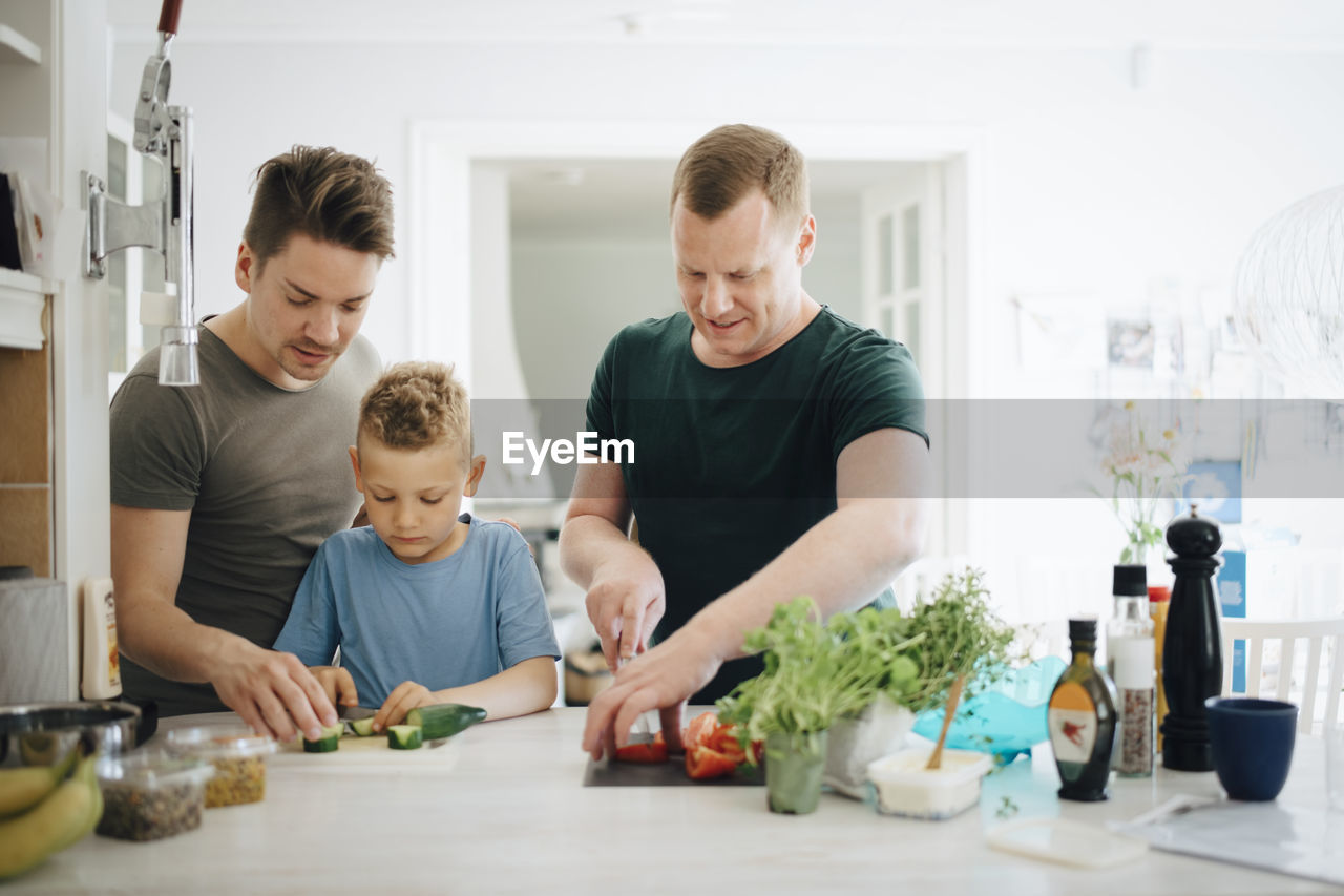 Homosexual fathers and son cutting cucumber in kitchen