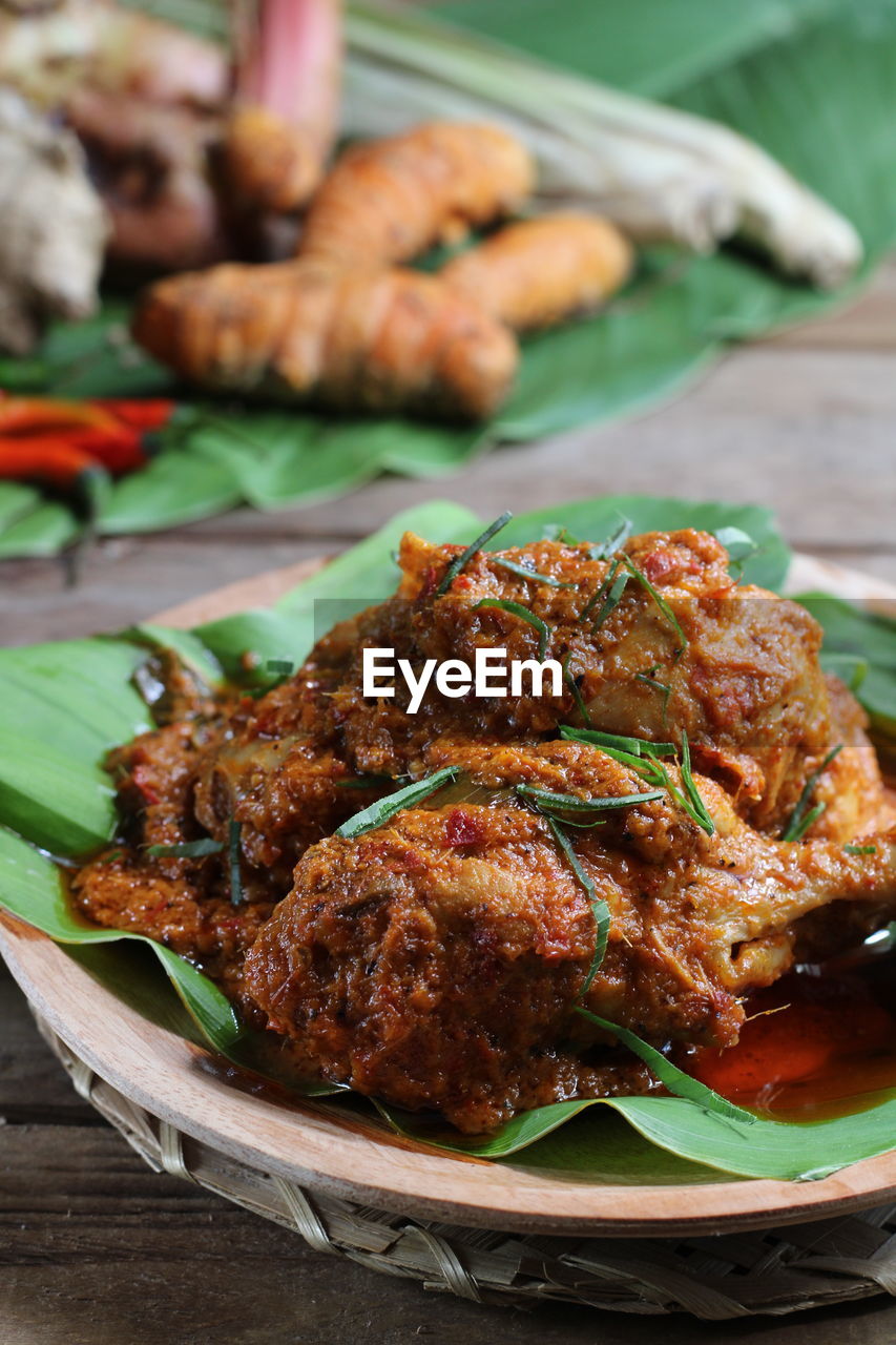 HIGH ANGLE VIEW OF MEAT ON PLATE