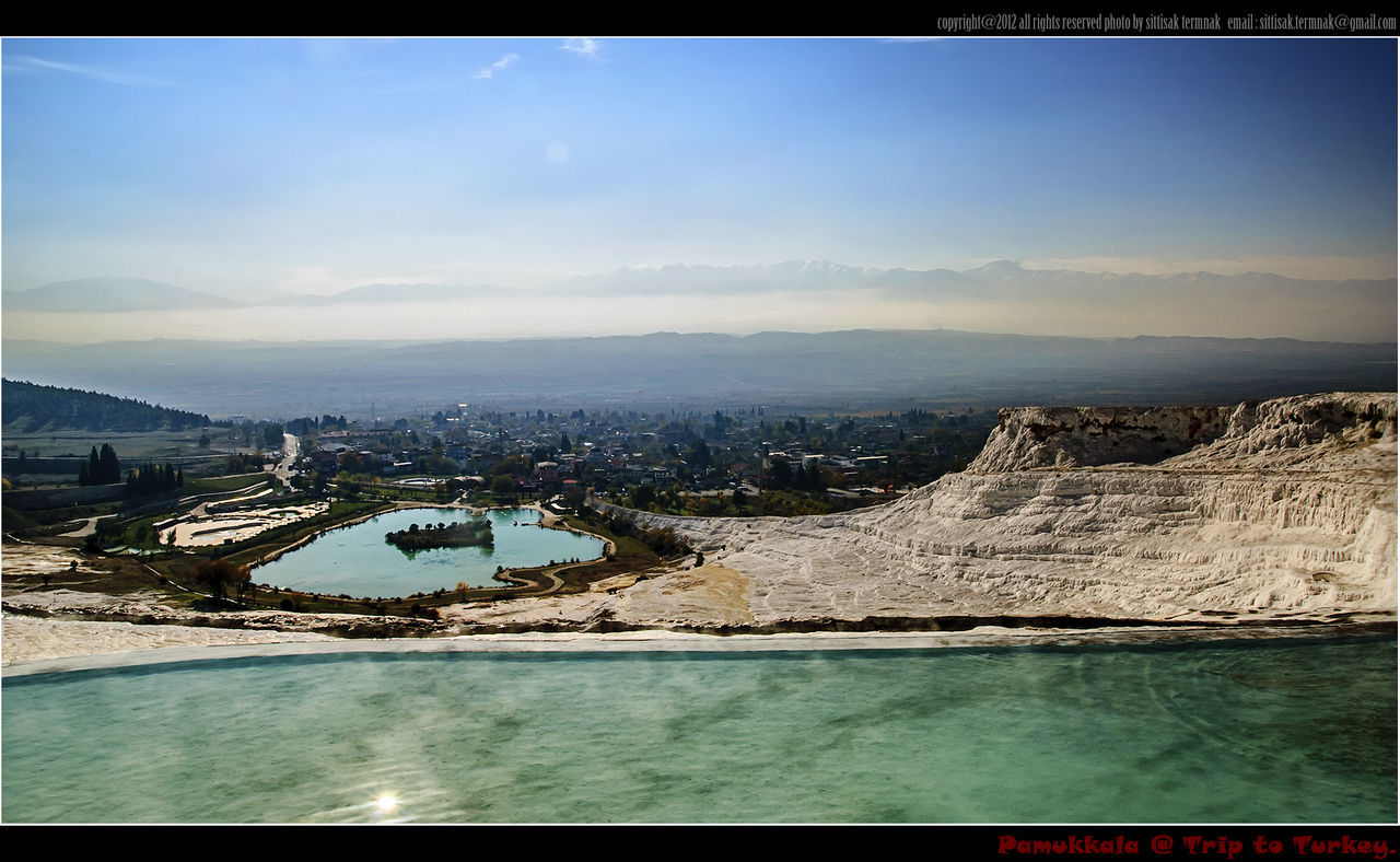 High angle view of lake among rocks