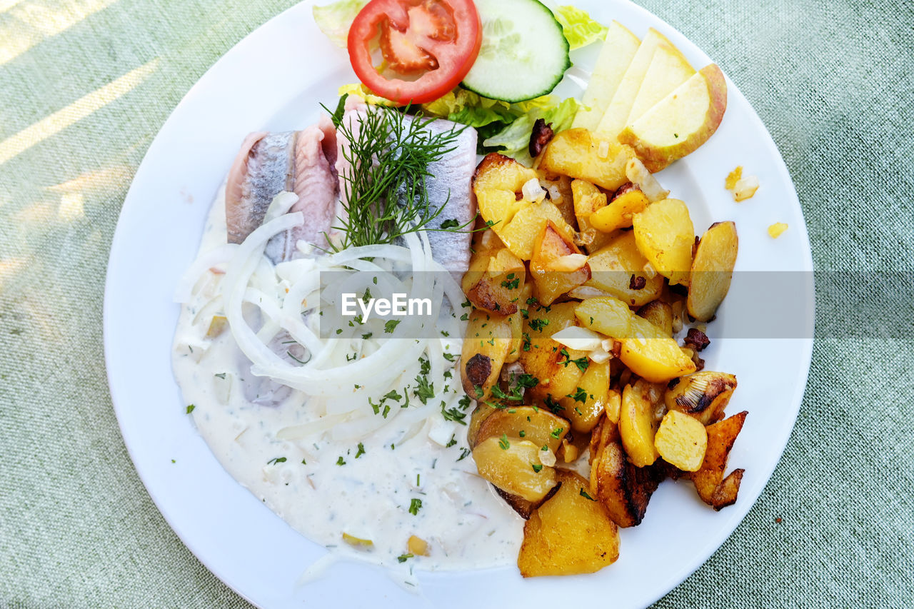 high angle view of meal served in plate on table