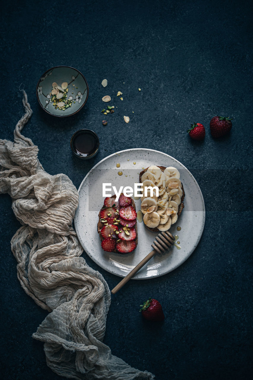 high angle view of food on wooden table