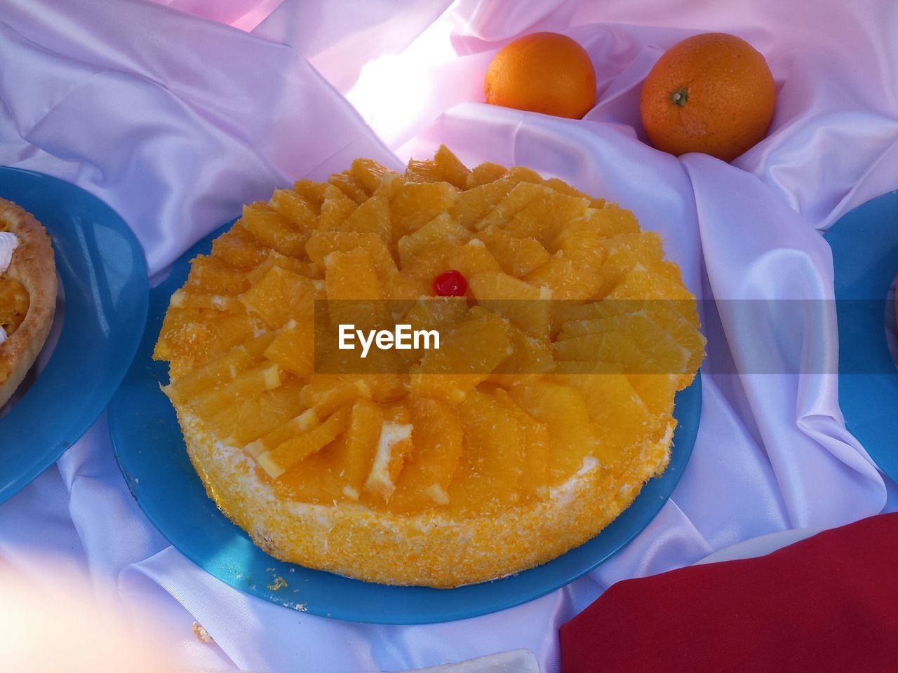 High angle view of fresh orange cake